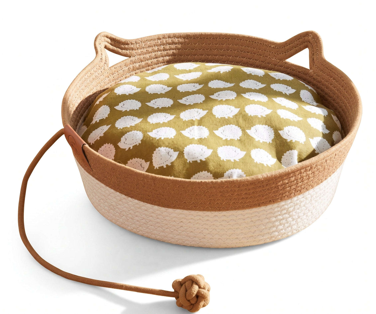 Woven Cat Basket Bed with Cushion – Cat-Ear Handles With Attached Play Toy Zapawzy