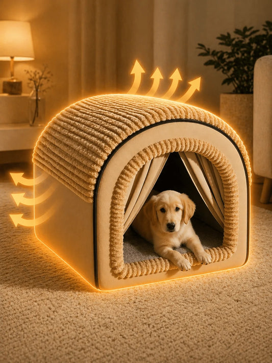 Cozy Enclosed Dog House – Warm Covered Indoor Pet Cave with Privacy Curtains and Cushion