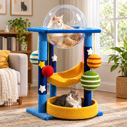 Space Capsule Cat Tree – Clear Dome Perch with Hammock Bed and Scratching Posts for Indoor Kittens