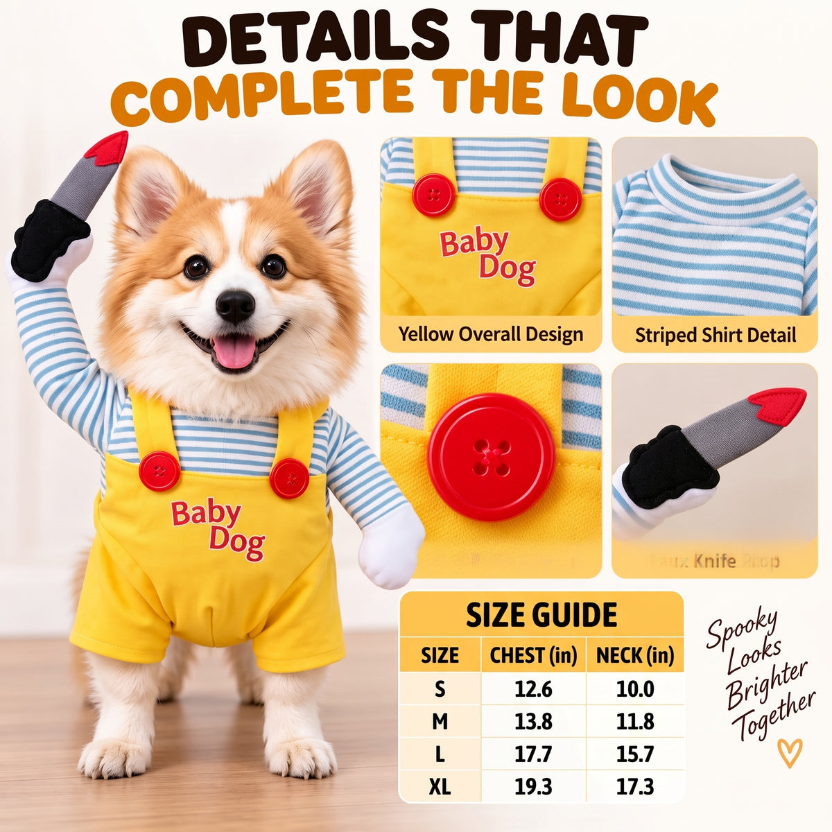 Spooky Doll Pet Halloween Costume – Funny Walking Illusion Outfit with Faux Knife for Parties and Photos
