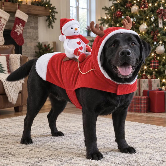 Reindeer Santa Dog Costume – Festive Holiday Plush Rider Pet Cosplay Outfit With Antler Hood