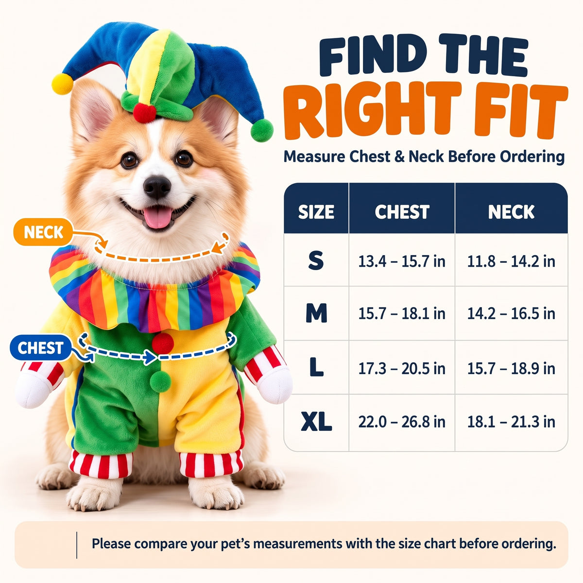Jester Clown Dog Costume – Funny Halloween Pet Outfit with Jester Hat and Rainbow Ruffle Collar