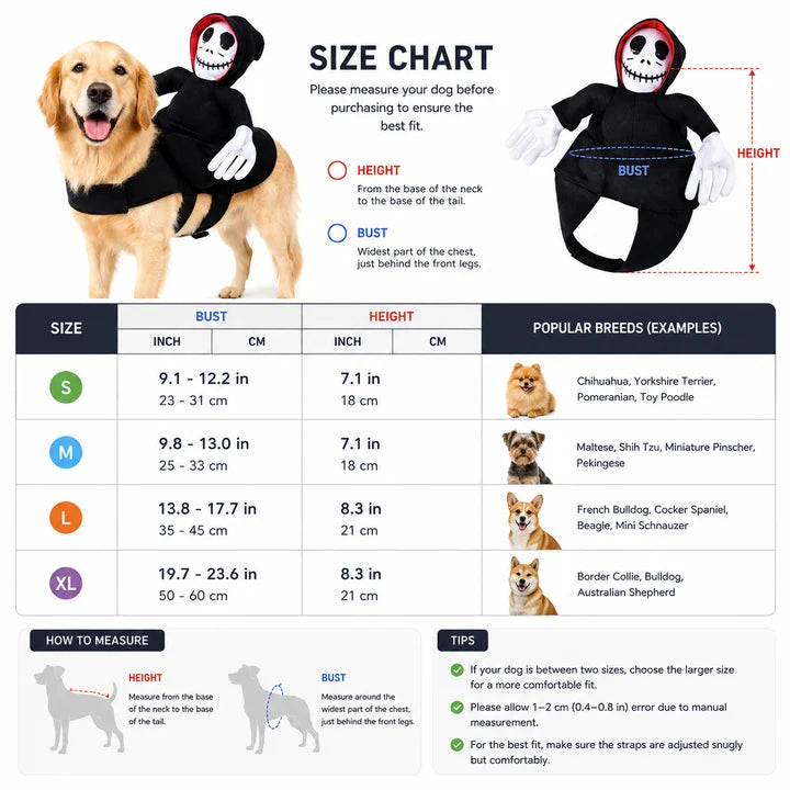 Reaper Rider Dog Costume – Funny Halloween Skeleton Cosplay Outfit for Pets
