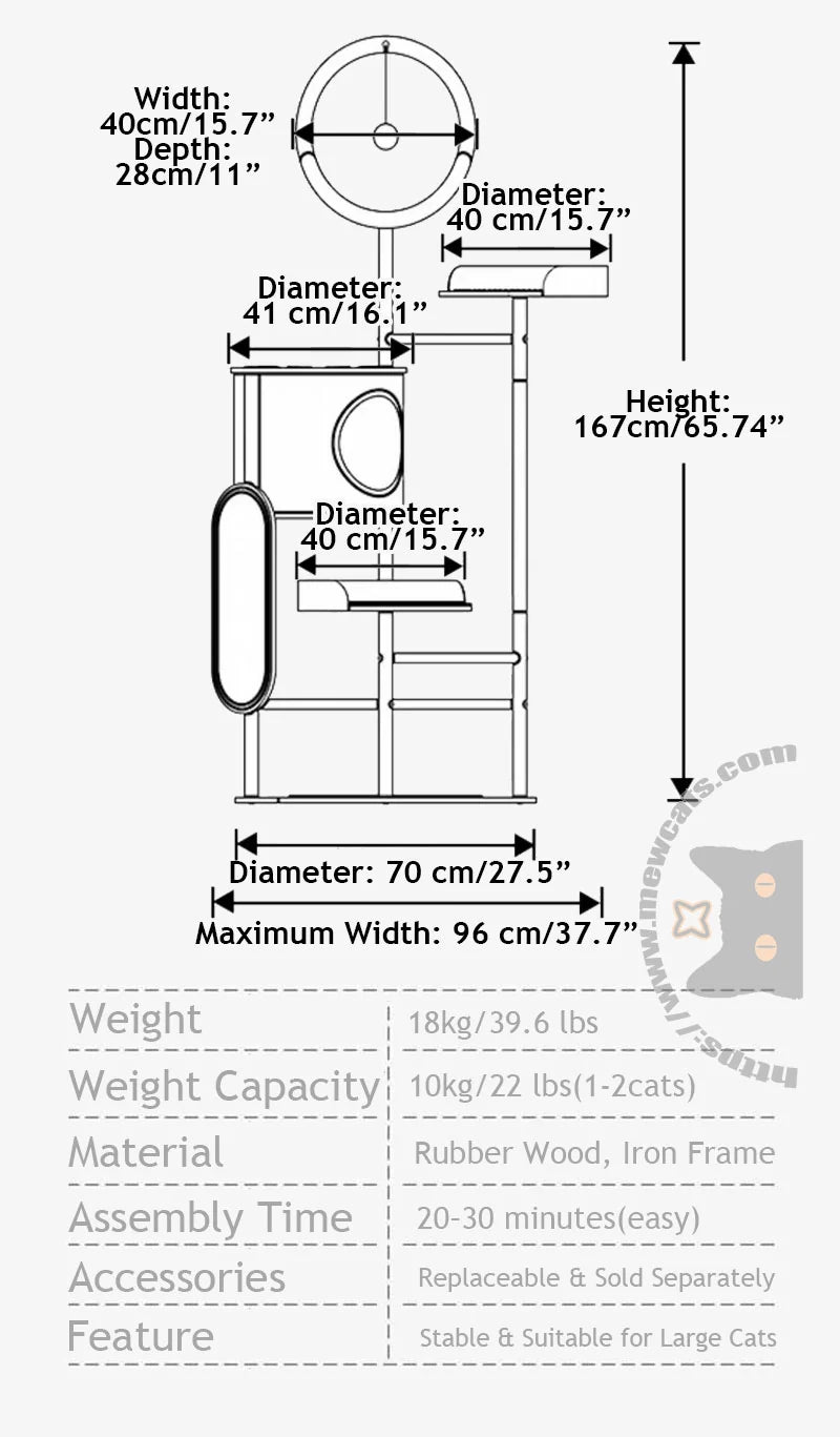 Fawlo Modern Multi-Level Cat Tree – Indoor Pet Furniture Tower with Enclosed Condo, Curved Top Perch, Dangling Toy Ball and Scratching Board