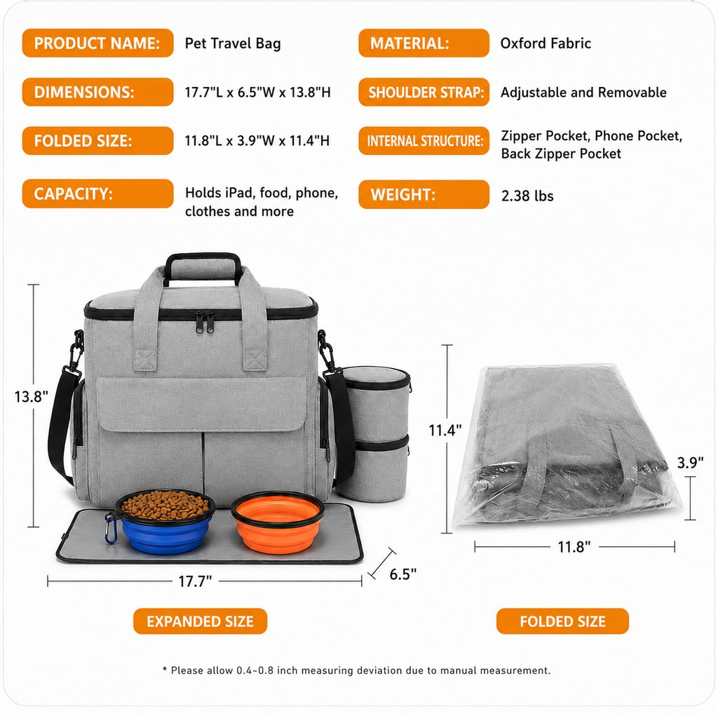 Pet Travel Organizer Bag – Multi-Pocket Weekend Road Trip Tote with Collapsible Bowls, Food Containers & Feeding Mat