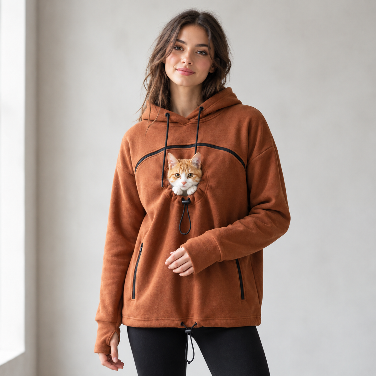 Hands-Free Pouch Pet Carrier Hoodie – Sweatshirt with Cinch Head Opening and Zipper Pockets for Cats Small Dogs