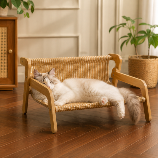 Elevated Lounge Cat Bed – Raised Pet Sofa Hammock with Backrest and Armrests for Indoor Animals