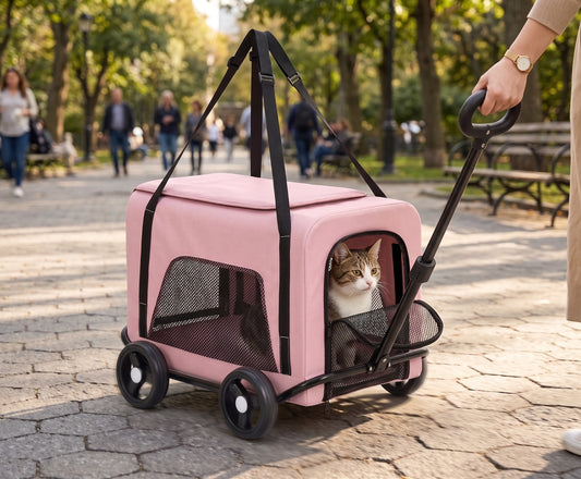 Foldable Detachable Pet Stroller Trolley – 2-in-1 Travel Trolley with Four Wheels Mesh Windows and Shoulder Strap