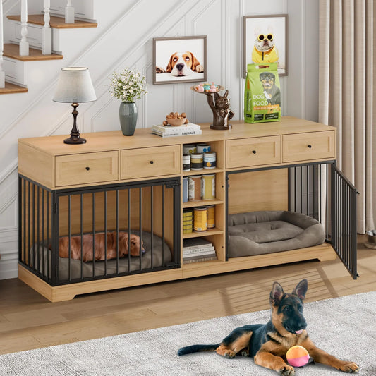 Pawlek Storage Credenza Dog Crate Furniture – Dual Kennel Sideboard with Drawers and Shelves for Pet Supplies