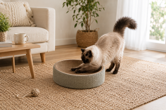 Oval Scratch Pad Cat Bed – Concave Claw Scratcher Lounge with Non-Slip Bottom for Indoor Pets