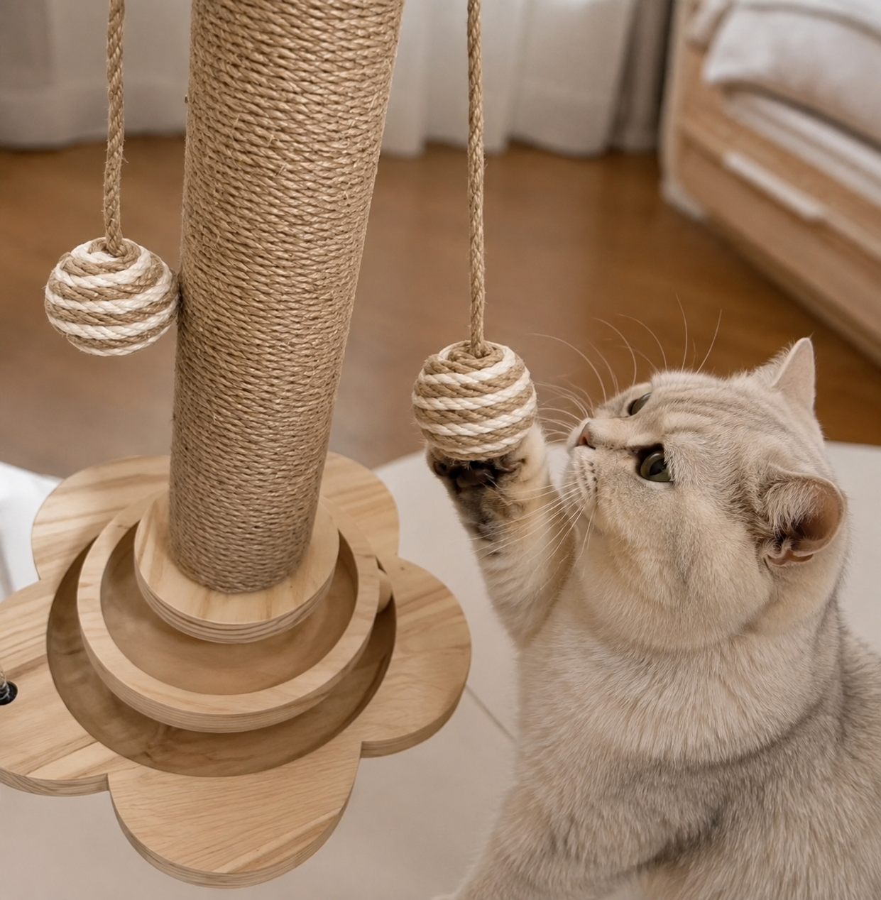 Interactive Track Cat Scratching Post – Two-Tier Ball Tower with Spring Teaser Feather Toy for Indoor Cats