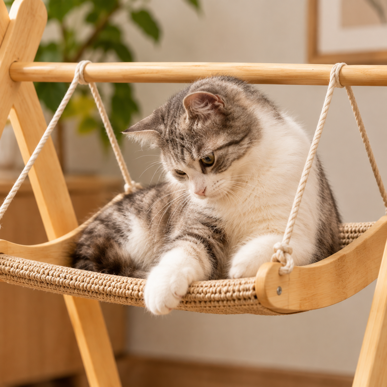 Hanging Swing Cat Bed – Freestanding A-Frame Double-Tier Pet Hammock Lounger for Indoor Cats