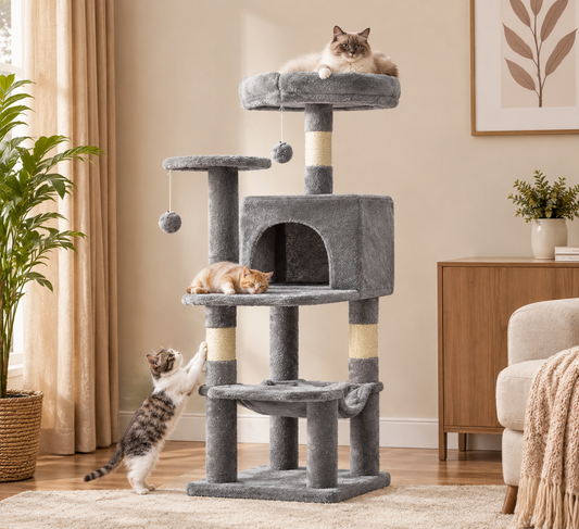 Multi-Tier Climbing Cat Tree – Modern Pet Tower with Scratching Posts Plush Perches and Play Balls