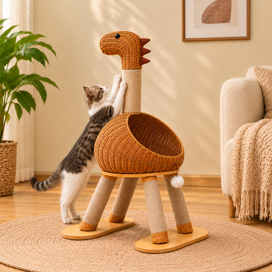 Dinosaur Scratching Cat Tree – Climbing Tower with Woven Condo Cave Post and Hanging Toy for Indoor Cats