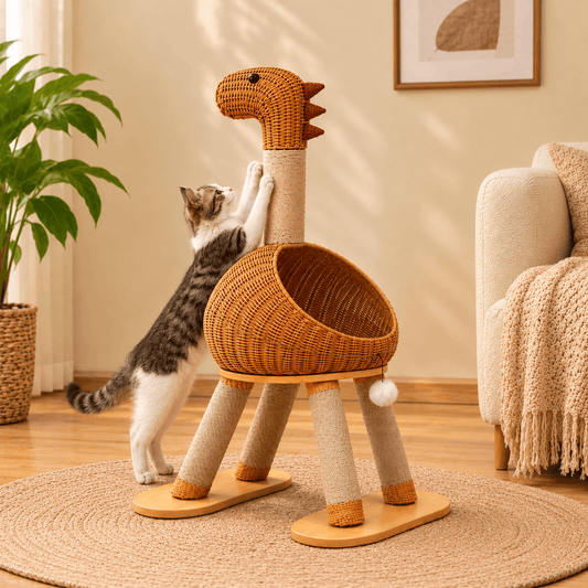 Dinosaur Scratching Cat Tree – Climbing Tower with Woven Condo Cave Post and Hanging Toy for Indoor Cats Zapawzy
