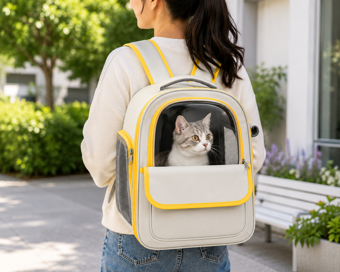 Clear-Window Breathable Cat Backpack – Pet Carrier with Mesh Ventilation Side Pockets and Padded Straps for Small Dogs