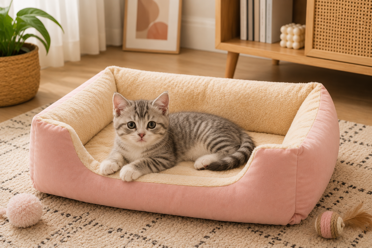 Rectangular Plush Cat Bed – Plush Cuddler Lounger with Low Front Step-In Entry for Cats and Dogs