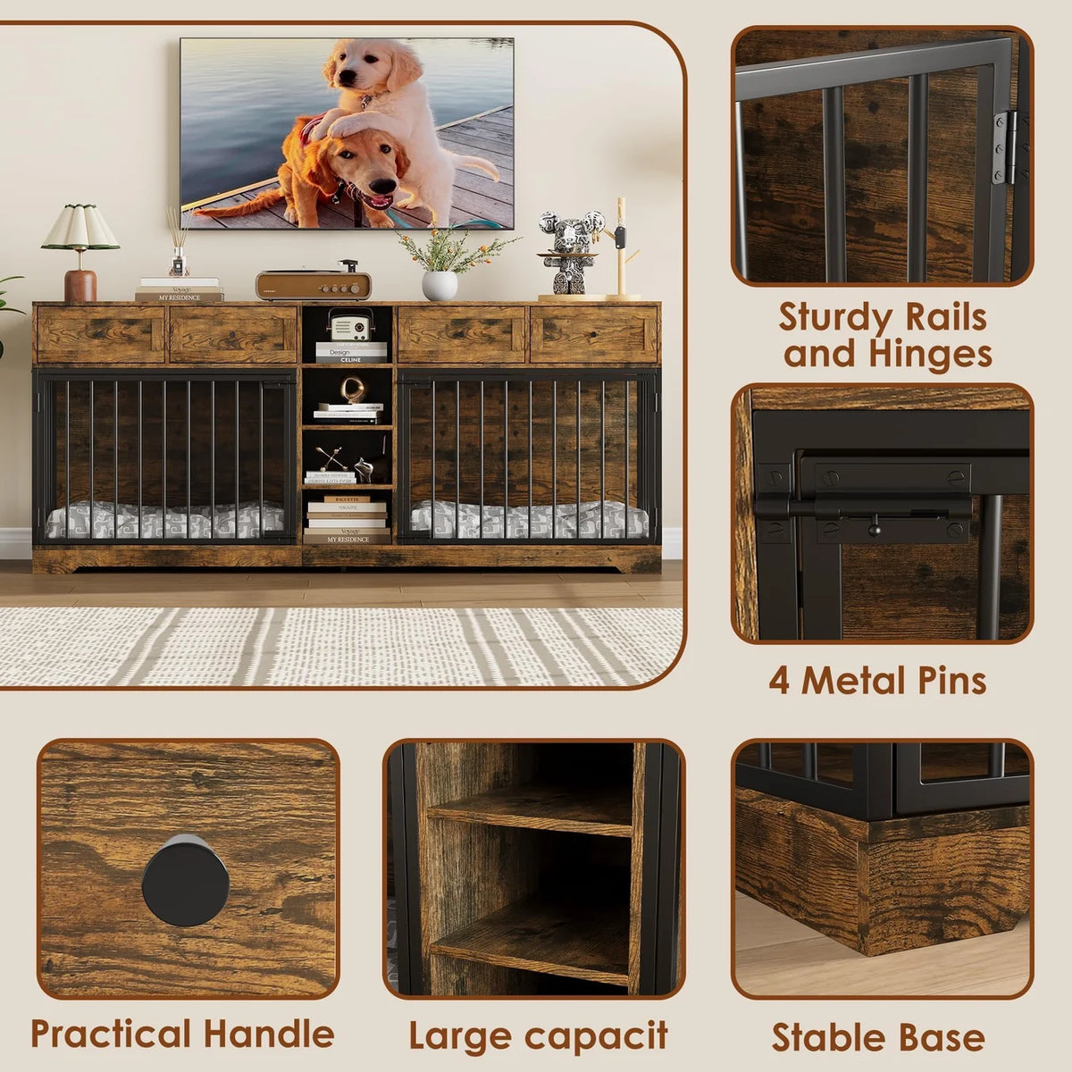 Pawlek Storage Credenza Dog Crate Furniture – Dual Kennel Sideboard with Drawers and Shelves for Pet Supplies
