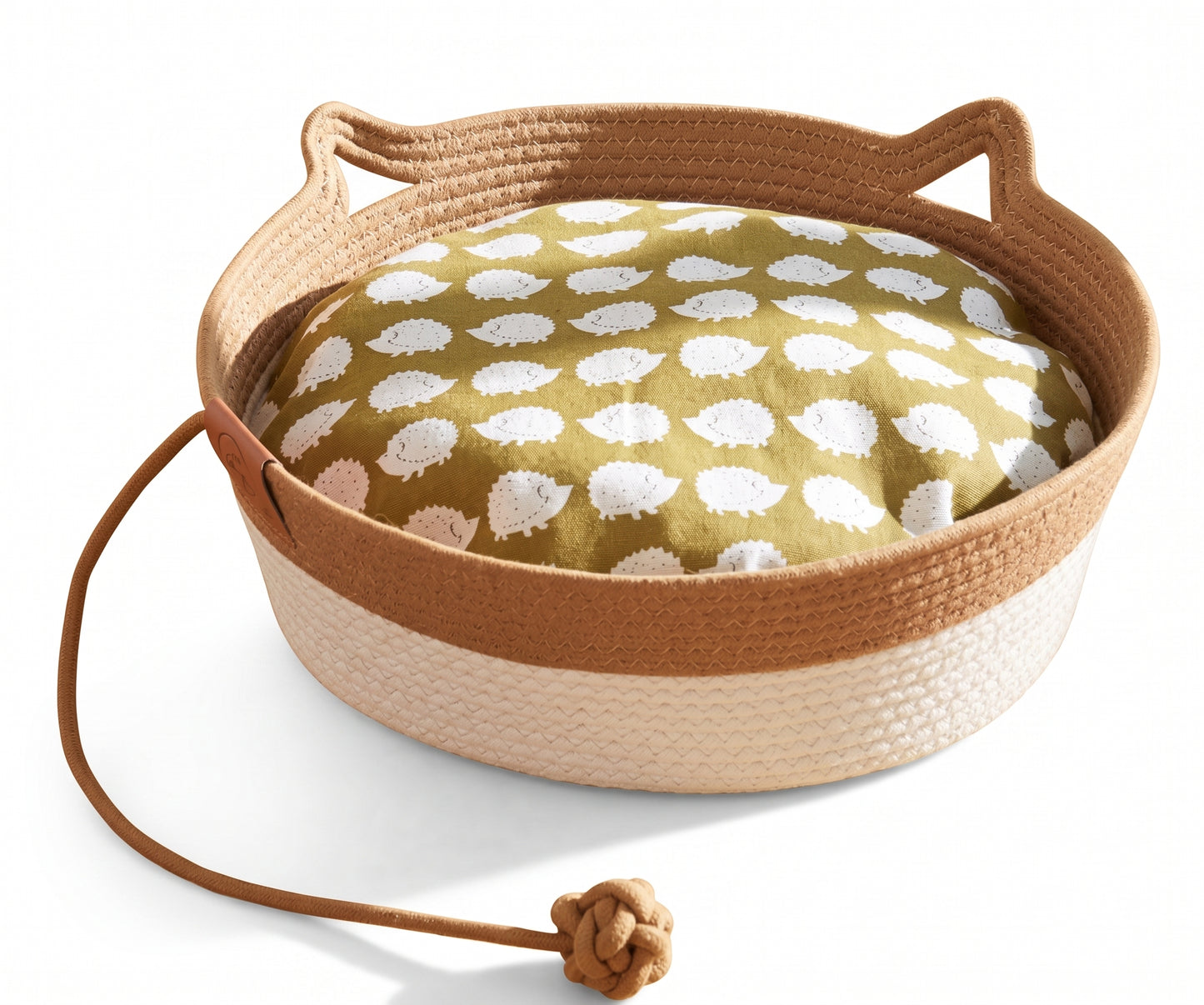 Woven Cat Basket Bed with Cushion – Cat-Ear Handles With Attached Play Toy