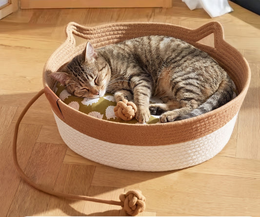 Woven Cat Basket Bed with Cushion – Cat-Ear Handles With Attached Play Toy