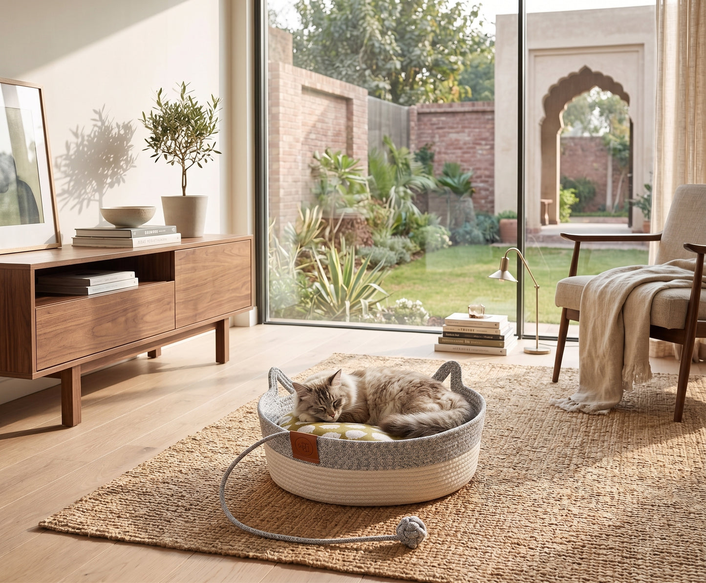 Woven Cat Basket Bed with Cushion – Cat-Ear Handles With Attached Play Toy