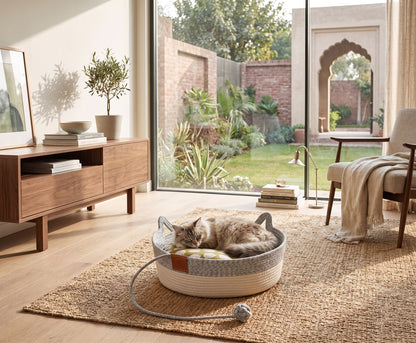 Woven Cat Basket Bed with Cushion – Cat-Ear Handles With Attached Play Toy