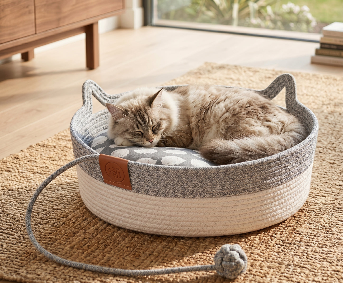 Woven Cat Basket Bed with Cushion – Cat-Ear Handles With Attached Play Toy