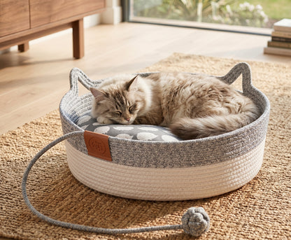 Woven Cat Basket Bed with Cushion – Cat-Ear Handles With Attached Play Toy