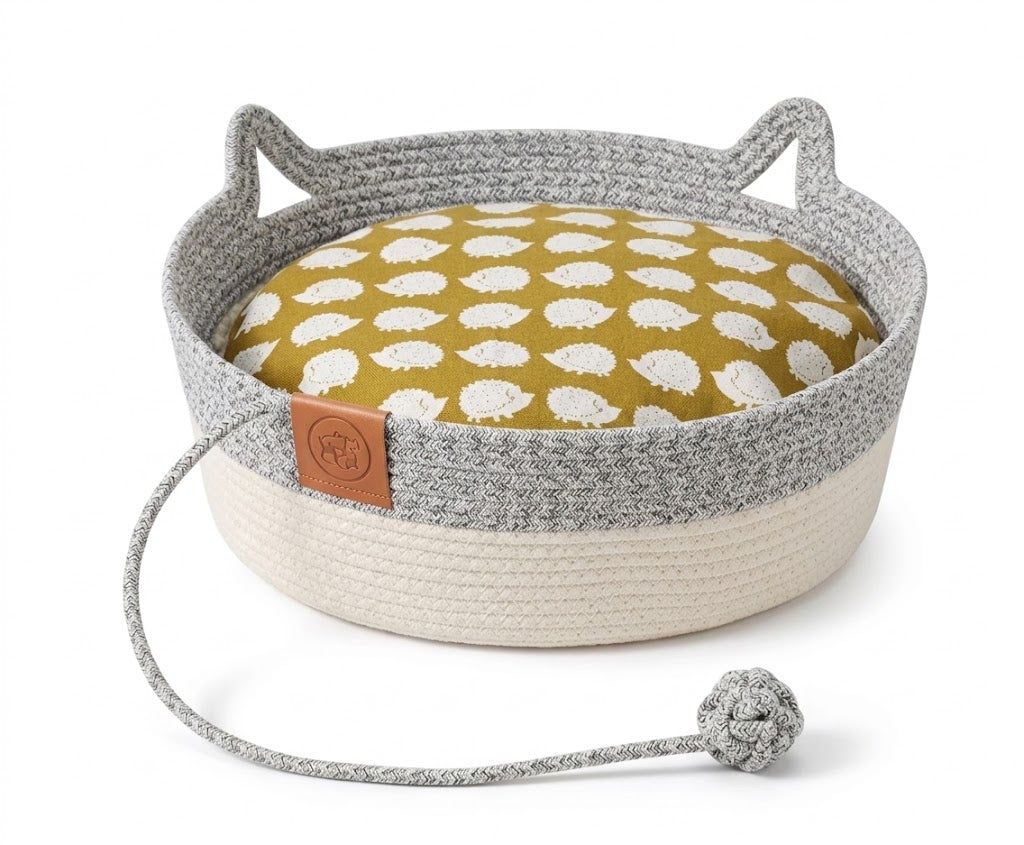 Woven Cat Basket Bed with Cushion – Cat-Ear Handles With Attached Play Toy