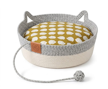 Woven Cat Basket Bed with Cushion – Cat-Ear Handles With Attached Play Toy