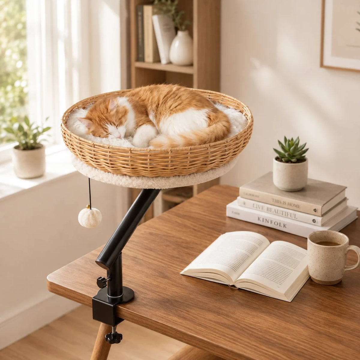 Rotating Clamp Cat Desk Perch – 360-Degree Swivel Elevated Table Hammock with Hanging Dangle Toy for Indoor Cats