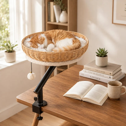 Rotating Clamp Cat Desk Perch – 360-Degree Swivel Elevated Table Hammock with Hanging Dangle Toy for Indoor Cats