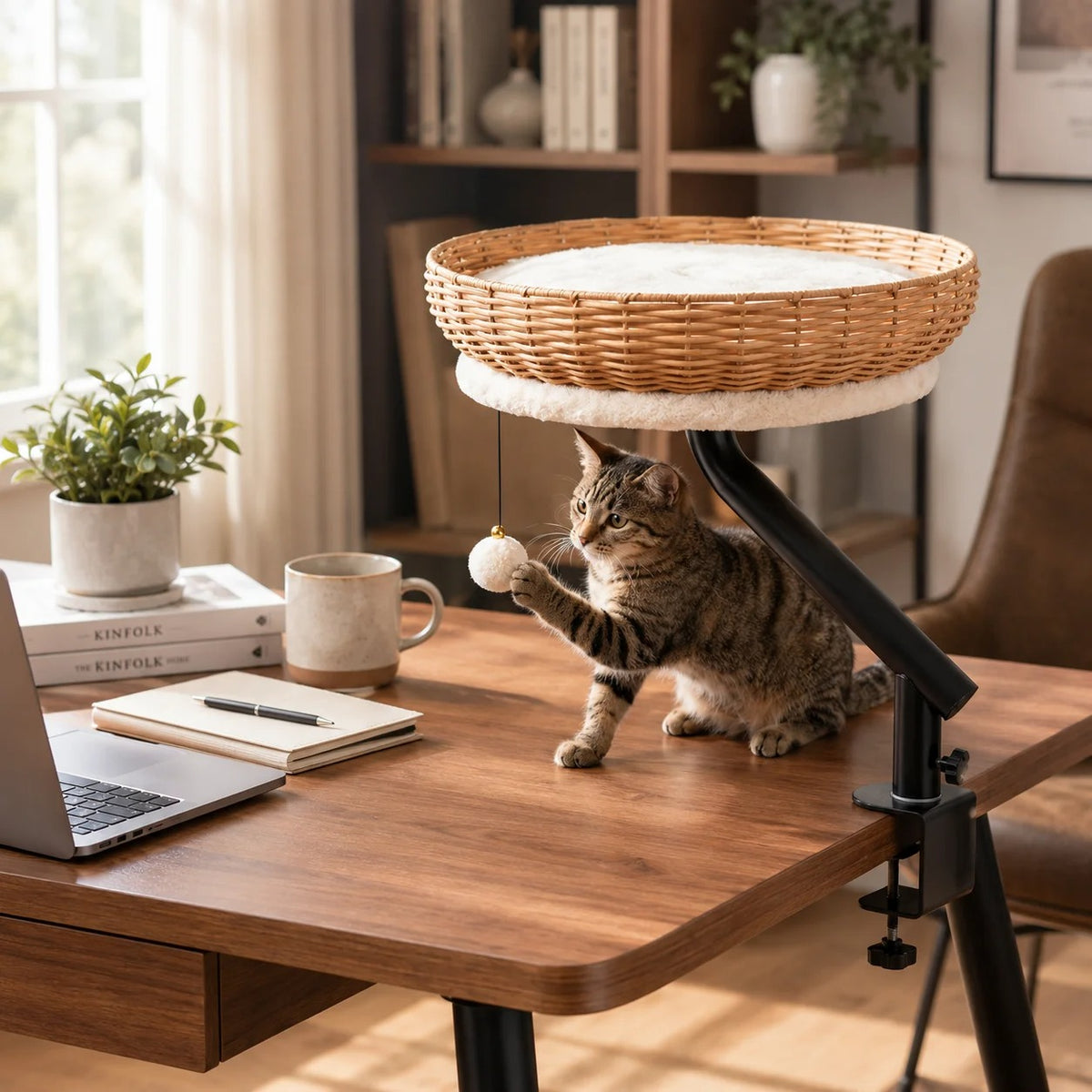 Rotating Clamp Cat Desk Perch – 360-Degree Swivel Elevated Table Hammock with Hanging Dangle Toy for Indoor Cats