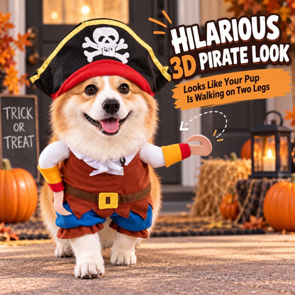 Funny Pirate Dog Costume – Halloween Party Outfit with Skull Hat and Hook Arms