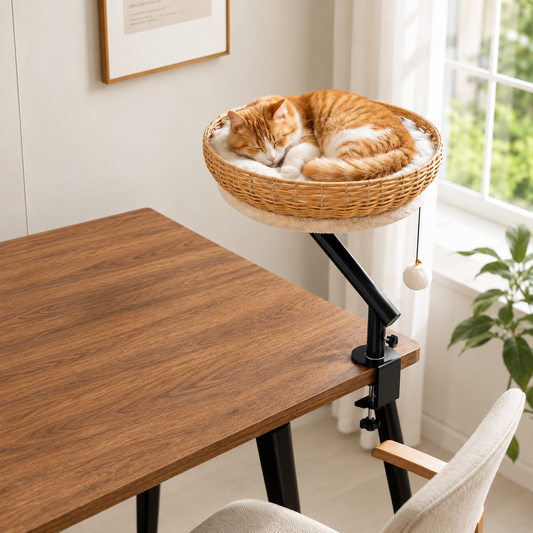 Rotating Clamp Cat Desk Perch – 360-Degree Swivel Elevated Table Hammock with Hanging Dangle Toy for Indoor Cats