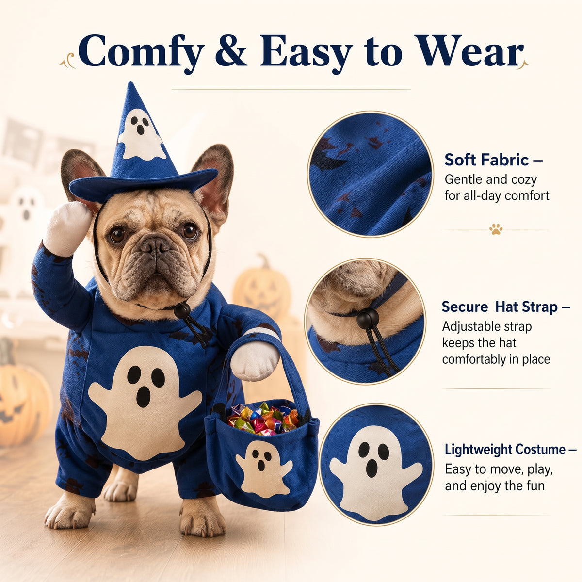 Glow Ghost Pet Costume – Luminous Trick-or-Treat Cosplay Apparel with Hat and Treat Bucket