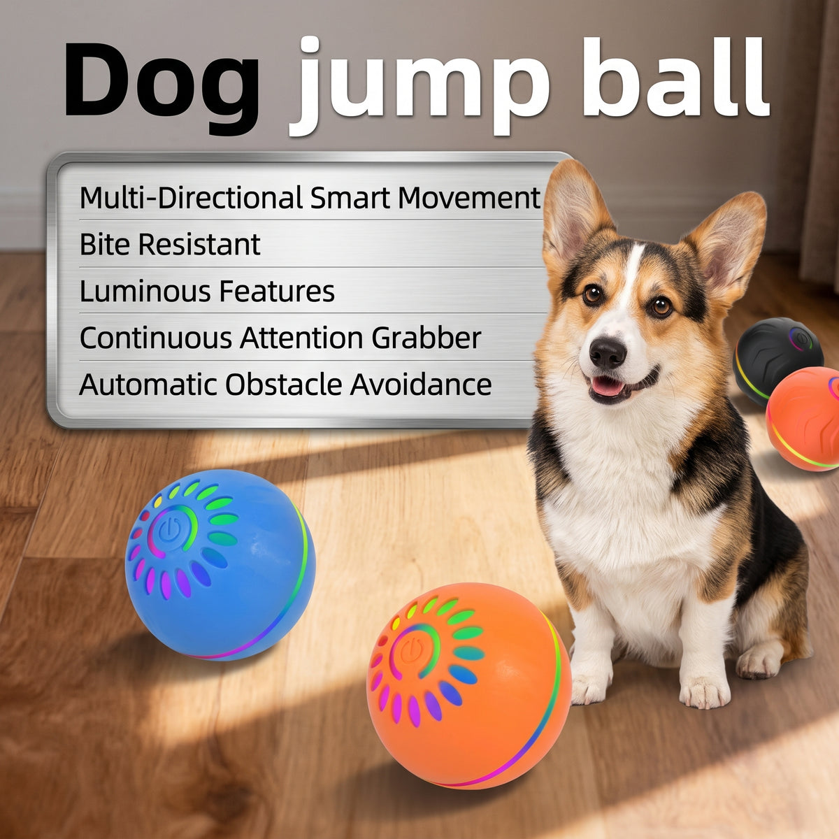Interactive Bouncing Dog Ball – USB-Rechargeable Automatic Rolling Toy with Obstacle-Avoidance LED Lights