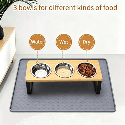 Elevated Tilted Cat Feeder – 3-Bowl Neck-Protection Food and Water Station with Spill-Proof Mat
