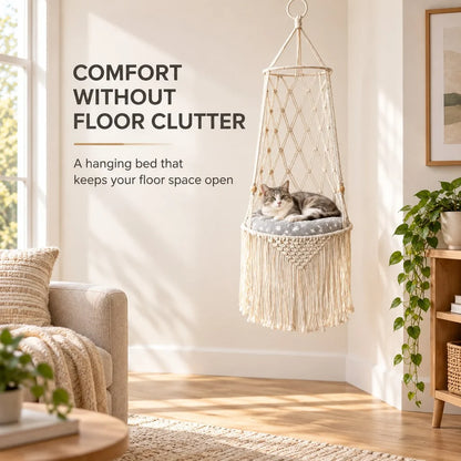 Cozy Hanging Cat Bed – Elevated Indoor Hammock Perch with Star-Pattern Cushion