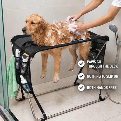 Folding Dog Grooming Hammock Stand – Restraint Station with Pockets for Pet Nail Trimming and Bathing