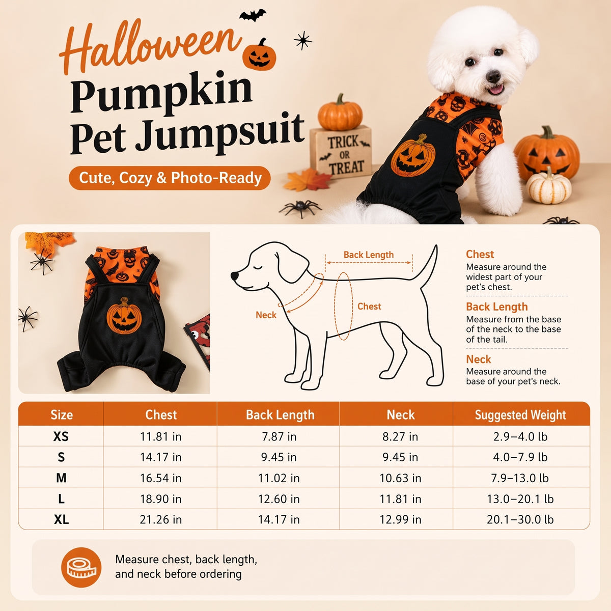 Festive Pumpkin Dog Jumpsuit – Spooky Halloween Costume Apparel for Puppy Parties and Holiday Trick-or-Treating Photos