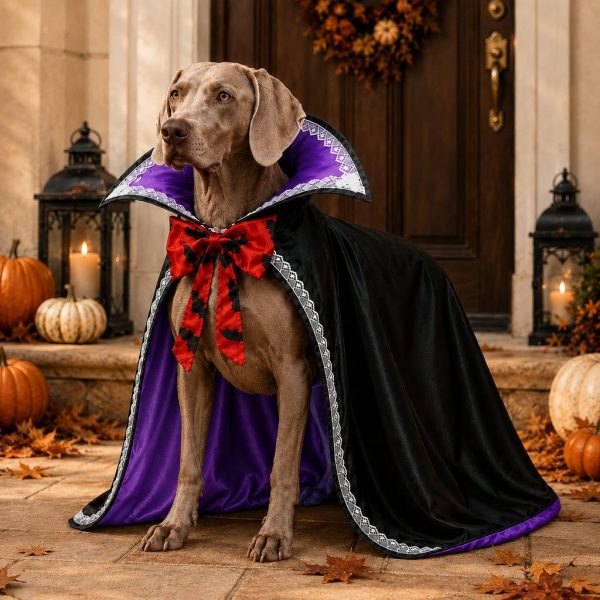 Vampire Cape Dog Halloween Costume – Dracula Cloak with Lace Trim Collar and Bat Bowknot for Parties