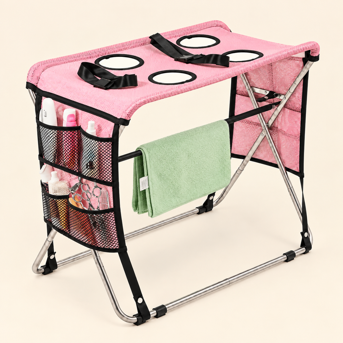 Folding Dog Grooming Hammock Stand – Restraint Station with Pockets for Pet Nail Trimming and Bathing