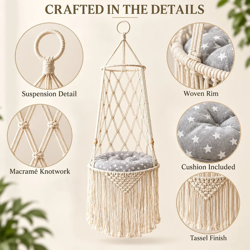 Cozy Hanging Cat Bed – Elevated Indoor Hammock Perch with Star-Pattern Cushion