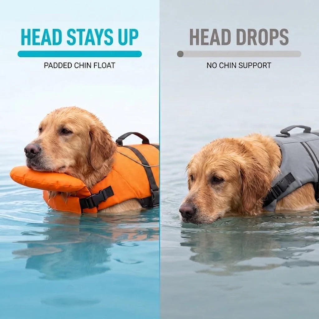Buoyant Chin-Rest Dog Life Jacket – High-Visibility Swim Vest with Rescue Grab Handle and Reflective Safety Accents