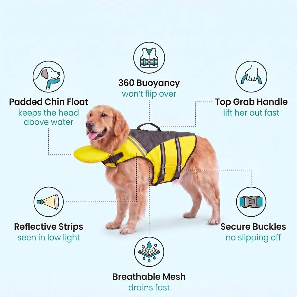 Buoyant Chin-Rest Dog Life Jacket – High-Visibility Swim Vest with Rescue Grab Handle and Reflective Safety Accents