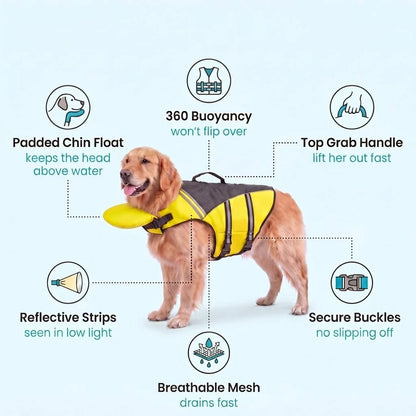 Buoyant Chin-Rest Dog Life Jacket – High-Visibility Swim Vest with Rescue Grab Handle and Reflective Safety Accents