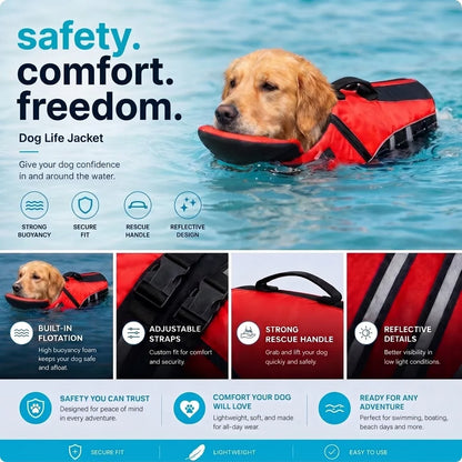 Buoyant Chin-Rest Dog Life Jacket – High-Visibility Swim Vest with Rescue Grab Handle and Reflective Safety Accents