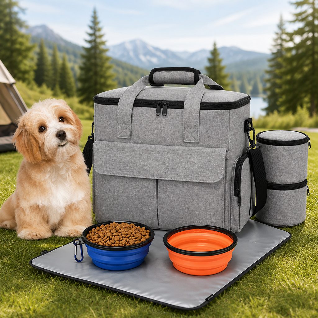 Pet Travel Organizer Bag – Multi-Pocket Weekend Road Trip Tote with Collapsible Bowls, Food Containers & Feeding Mat