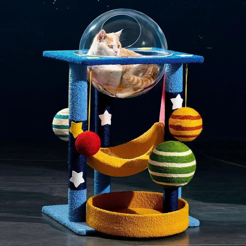 Space Capsule Cat Tree – Clear Dome Perch with Hammock Bed and Scratching Posts for Indoor Kittens